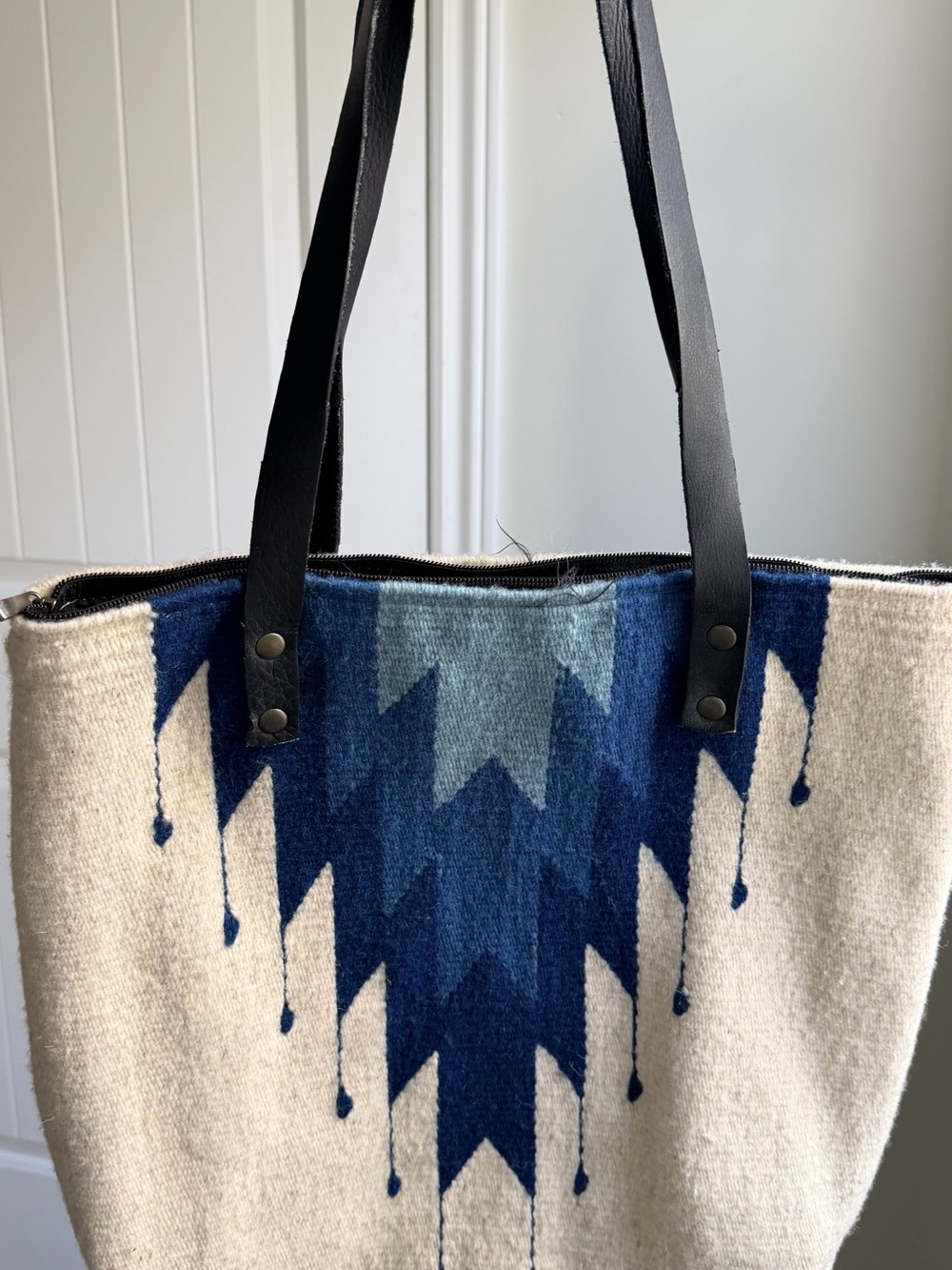Woven Aztec Pattern Tote Bag in Navy and Cream